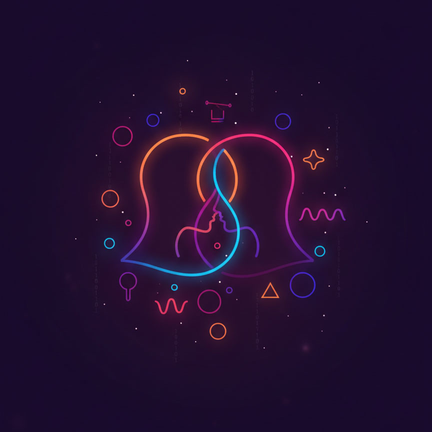 Neon illustration of two partners facing each other, representing sexual compatibility, communication, and mutual connection in a relationship